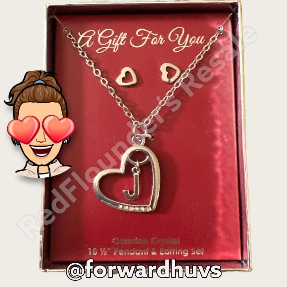 Genuine Crystal Silver Tone Heart Necklace and Earring Set NWT